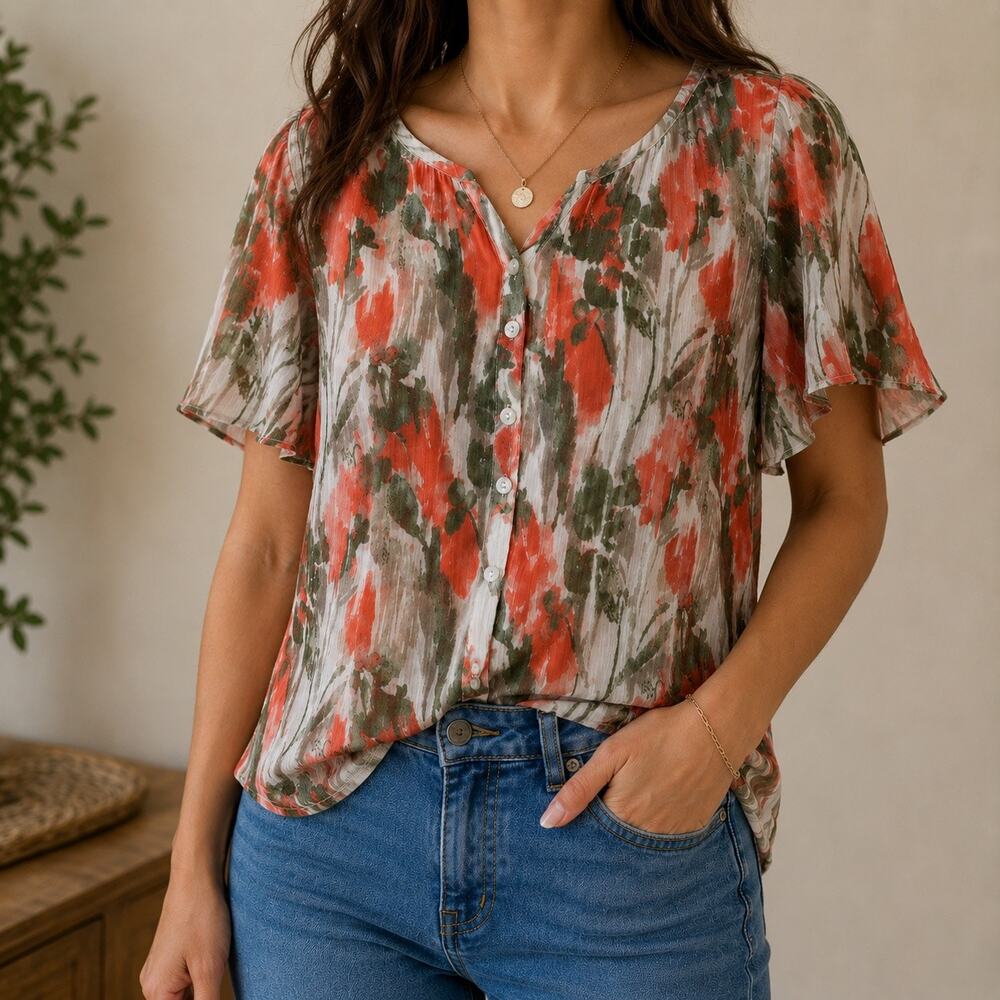 Style & Co Women’s Abstract Floral Blouse Size 10 Orange Green Cotton Boho Top